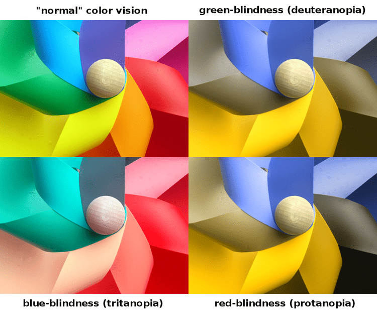 Four segments showing how colours are perceived by people with different types of colour vision disabilities. Attribution: Johannes Ahlmann, CC BY 2.0 via Wikimedia Commons.