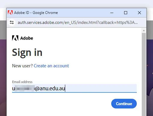 Screenshot of Adobe branded sign in box with blurred out ANU 'U' email address