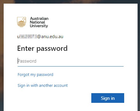 Screenshot of ANU SSO login prompting for a password