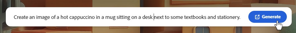 Screenshot of a prompt in Firefly that reads "Create an image of a hot cappuccino in a mug sitting on a desk next to some textbooks and stationery"