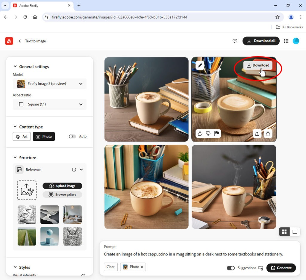 Screenshot of Firefly with a grid of four generated images of cappuccinos in mugs on desks. The download button is highlighted.