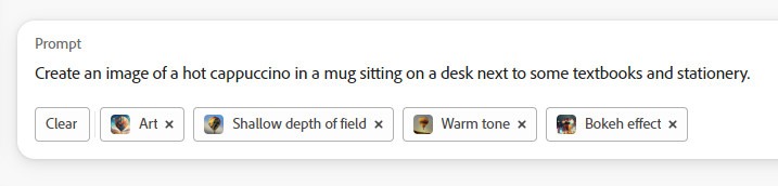 Screenshot of a prompt in Firefly that reads "Create an image of a hot cappuccino in a mug sitting on a desk next to some textbooks and stationery". Underneath are buttons to change the prompt with labels Art, Shallow depth of field, Warm tone and Bokeh effect.