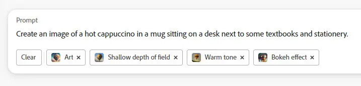 Screenshot of a prompt in Firefly that reads "Create an image of a hot cappuccino in a mug sitting on a desk next to some textbooks and stationery". Underneath are buttons to change the prompt with labels Art, Shallow depth of field, Warm tone and Bokeh effect.