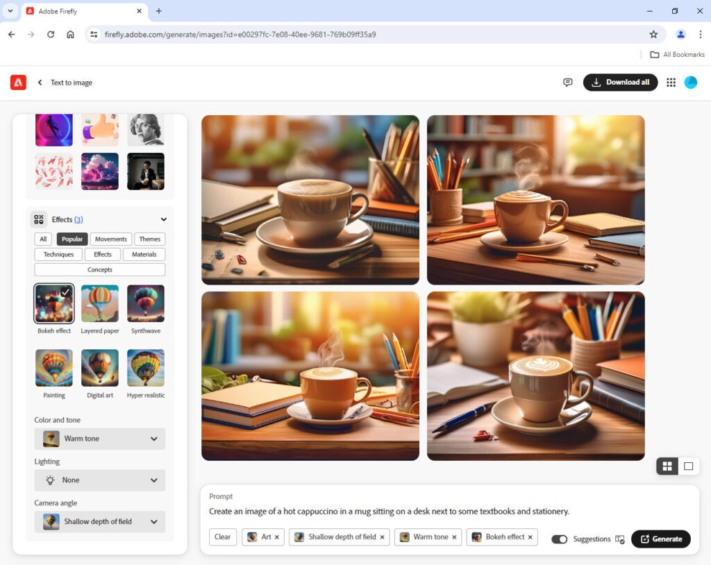 Screenshot of Firefly with a grid of four generated images of cappuccinos in mugs on desks with slightly different looks to the previous image of coffees.