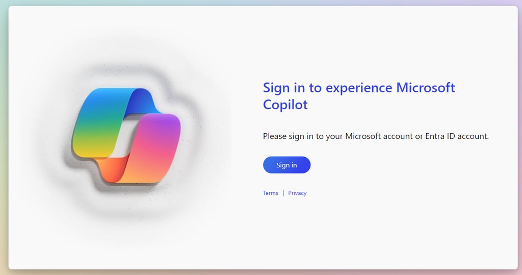 Copilot sign in screen showing the Sign in button and a decorative rainbow logo.